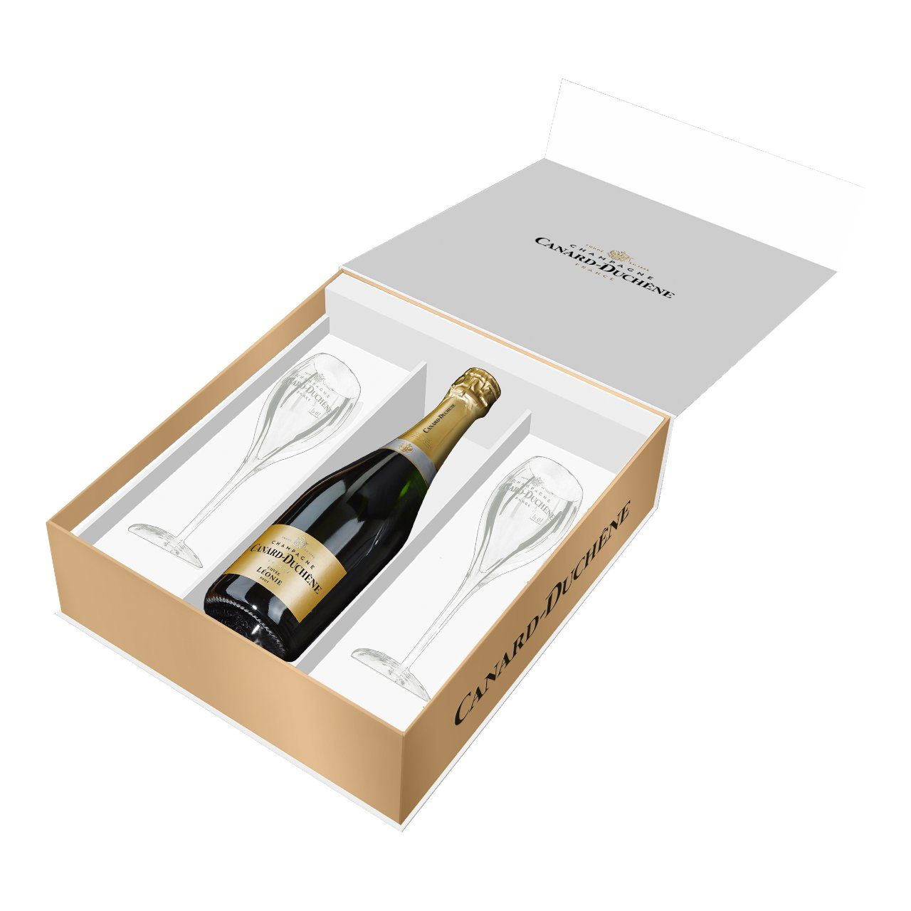 Canard-Duchene-Champagne-Brut-Cuvee-Leonie-kist-met-2-Glazen